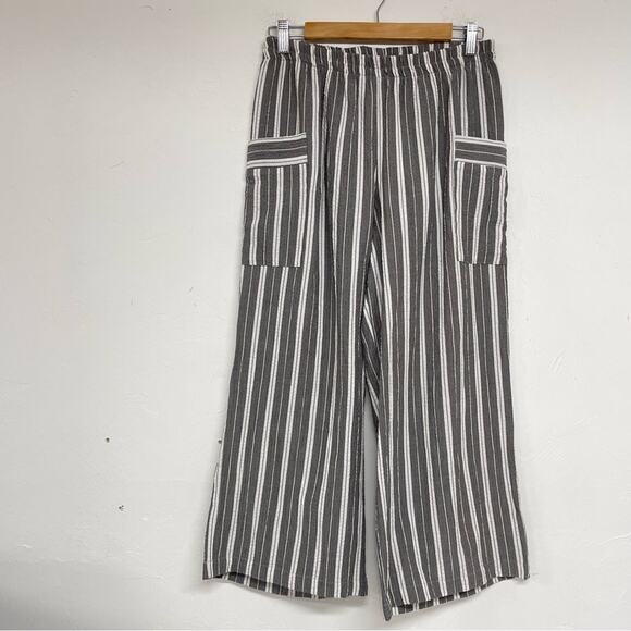 Soft Surroundings Grey & White Wide Striped Cropped Wide Leg Pants Womens M - Picture 1 of 8